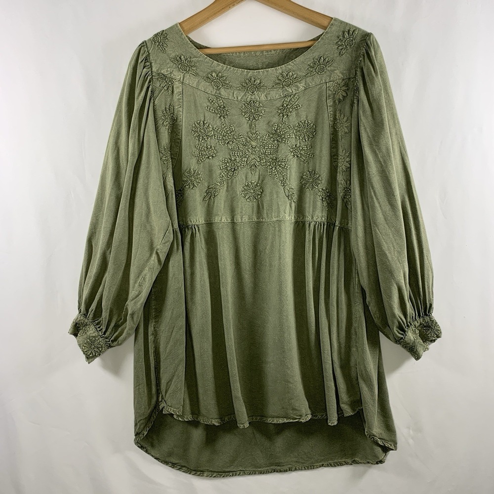Peasant Embroidered Flowy Tunic Top Large Sage Green Boho Renassance Romantic
